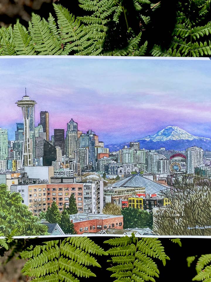 Seattle- Downtown Space Needle Mt.Rainer Sunset view for wholesale by Fabled Green