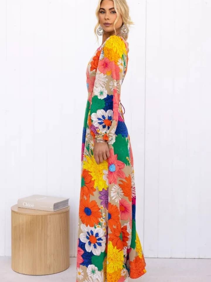 MULTICOLOR CWDMD4035_FASHION FLOWER LANTERN SLEEVE DRESS LONG for wholesale on Faire