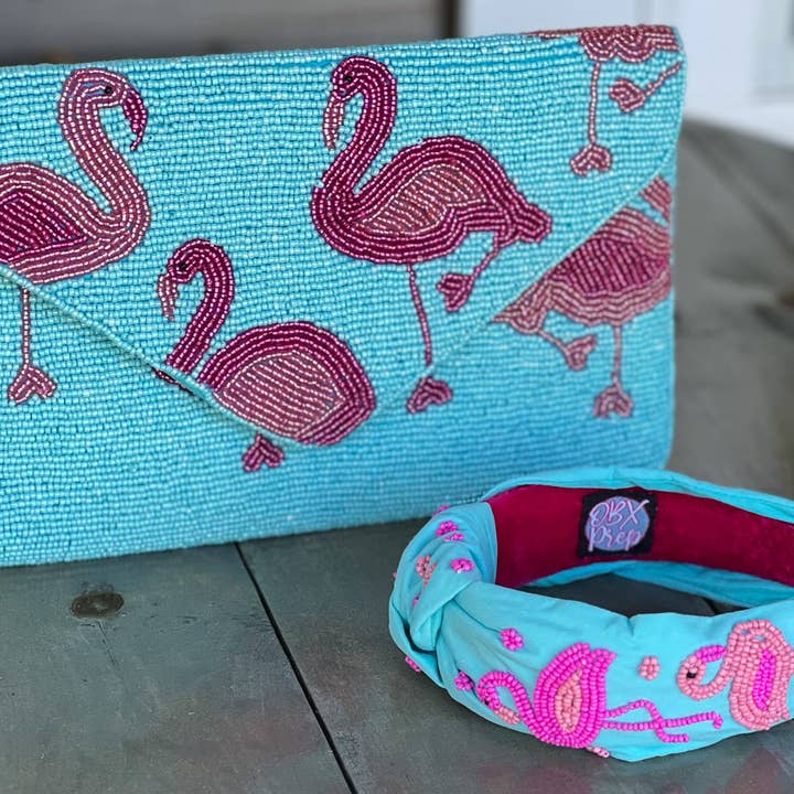 OBX Prep - Wholesale Clutch Bag - Women's - Flamingo Turquoise Seed Beaded Clutch Bag Handmade