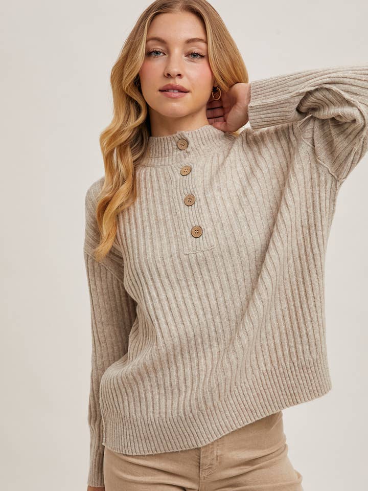 Bluivy - Vente Pull en maille – femme - PULL EN TRICOT À COL HENLEY ET BOUTONNÉ SUR LE DEVANT3