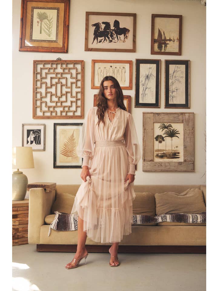 in february - Wholesale Dress - Women's - ROMANTIC IN DELICATE SHEER MESH V-NECK MIDI DRESS