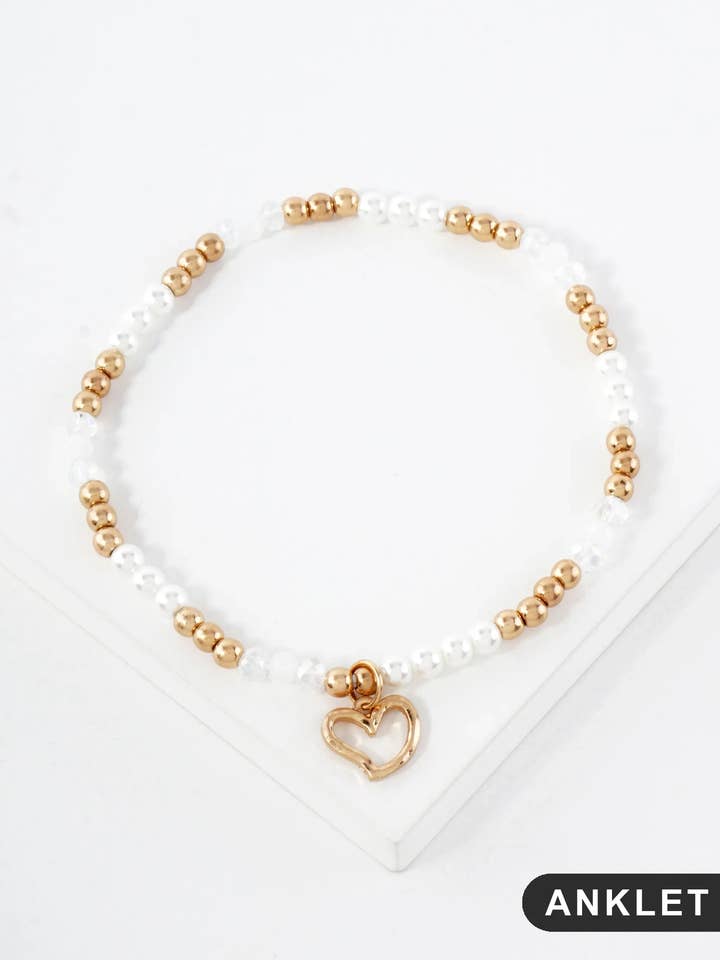 Semi-Precious Natural-Stone Beaded Wire Heart Charm Stretch Anklet for wholesale by Wild Honey