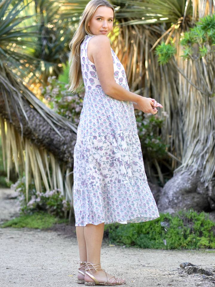 Nola Sleeveless Block Print Dress Lavender Teal for wholesale on Faire