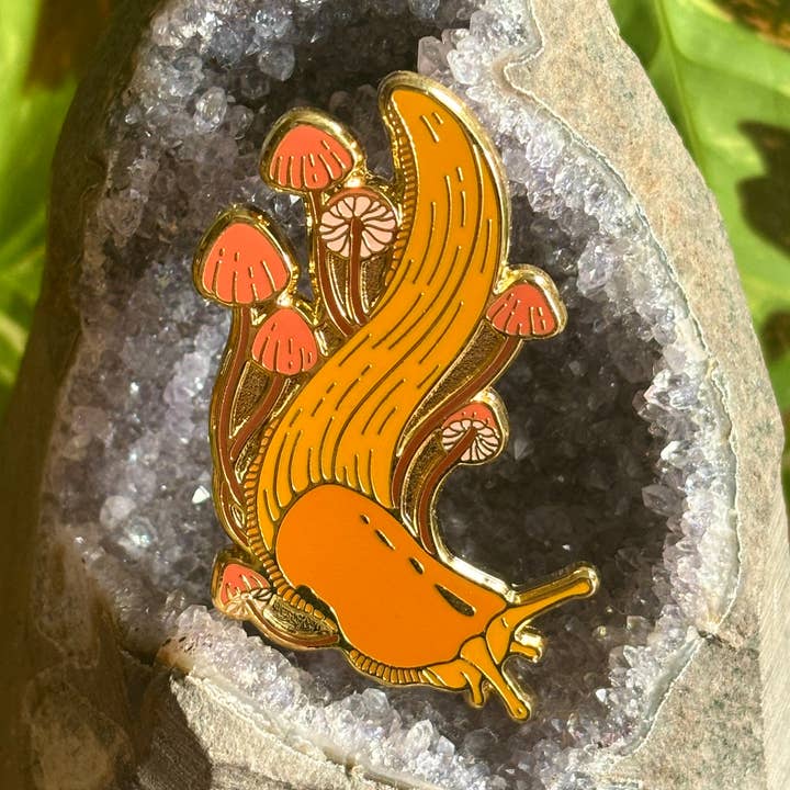 Banana Slug & Fungi Enamel Pin for wholesale by Fossil Forager