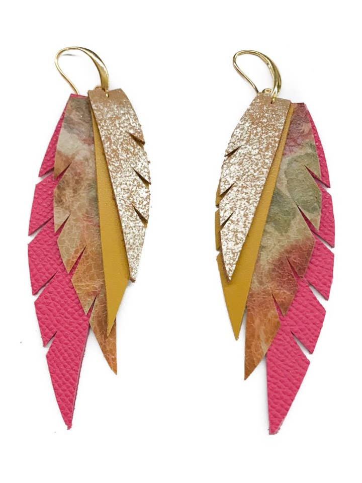 Layered Leather Earring- Pink Floral for wholesale by The Supply Society