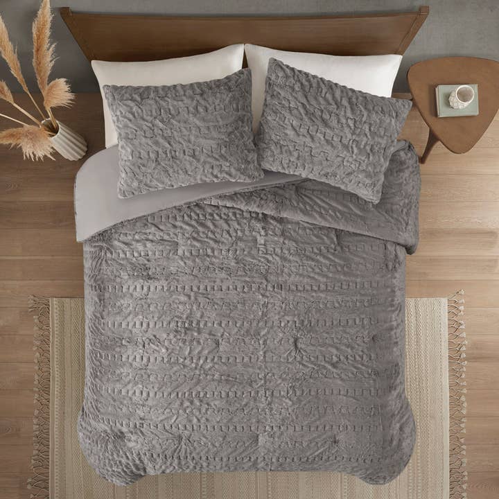 Olliix - Wholesale Bedding Set - Ruched Faux Fur All-Season Comforter Set, Grey