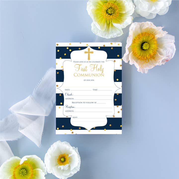 Eerste Heilige Communie Blauw en Goud met Strepen Uitnodigingsset voor wholesale door Paperclip & Co