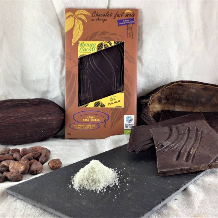 75% salt chocolate bar, 70g for wholesale by Bouga CacaO