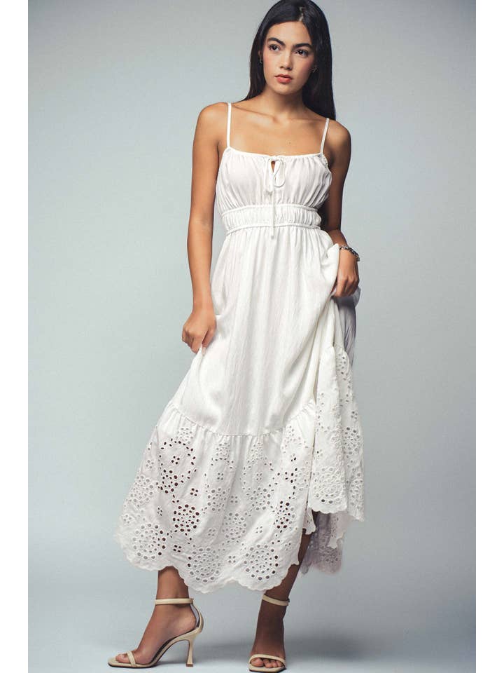 WHITE Eyelet Embroidered Tie-Front Maxi Dress for wholesale on Faire