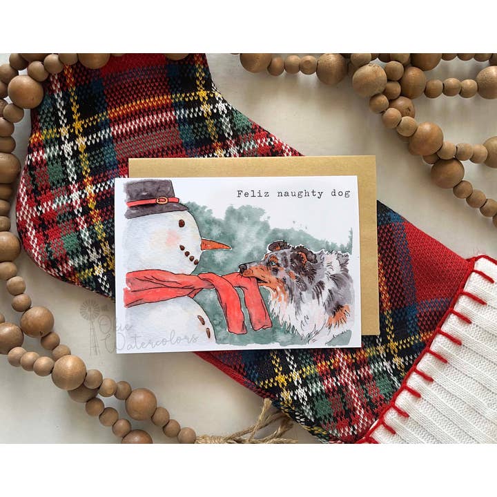 Feliz Naughty Dog 5x7" Holiday Christmas Greeting Card for wholesale by Okie Watercolors