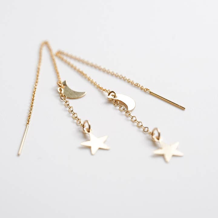 Metrix Jewelry - Wholesale Dangle Earrings - Celestial Chain Drop Threader Earrings - Moon and Star Drop