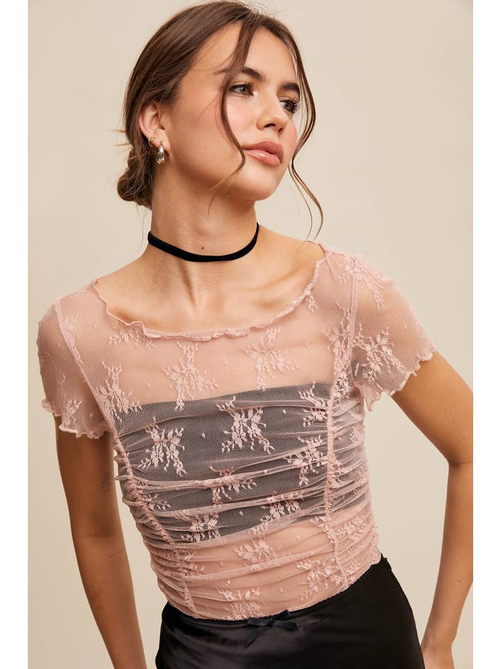 Listicle - Wholesale T-Shirt - Women's - Semi Sheer Floral Mesh Ruched Layering Top