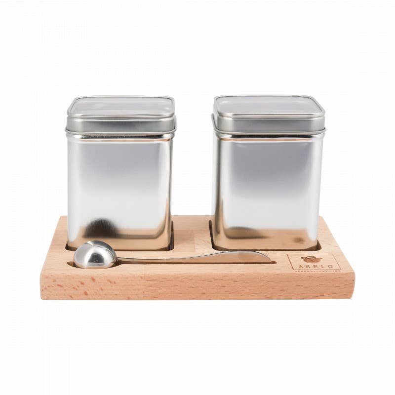 ARELO - Wholesale Theeservies - Theeplank met 2 vensterblikjes en RVS maatlepel1