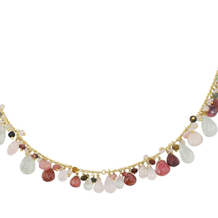 Iris-Turmalin-, Rosenquarz- und Grüner Amethyst-Perlenkette für den Großhandel von POMEGRANATE