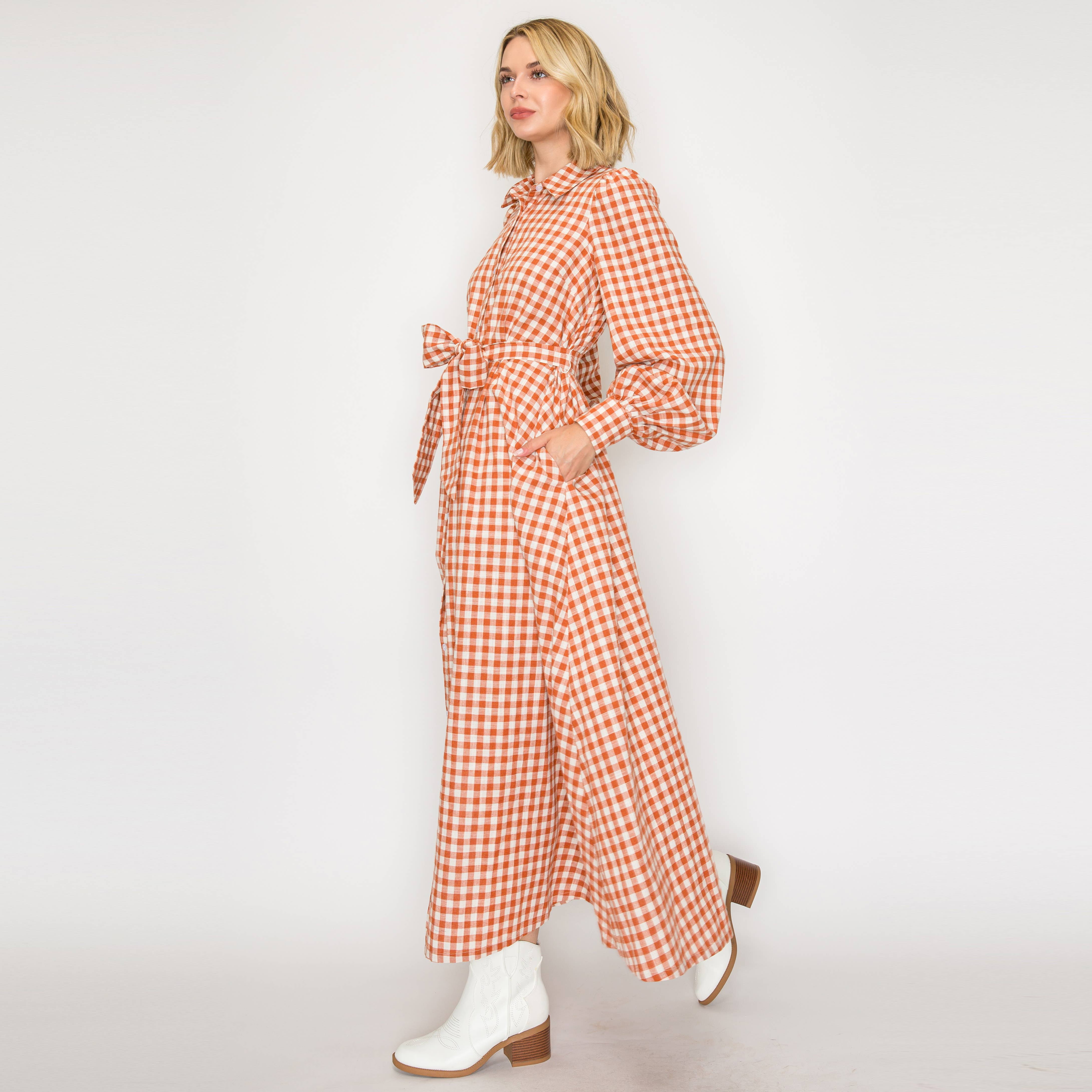 LoveWednesday - Wholesale Dress - Women's - Rust Gingham Daydream Maxi Shirt Dress - LWD31911