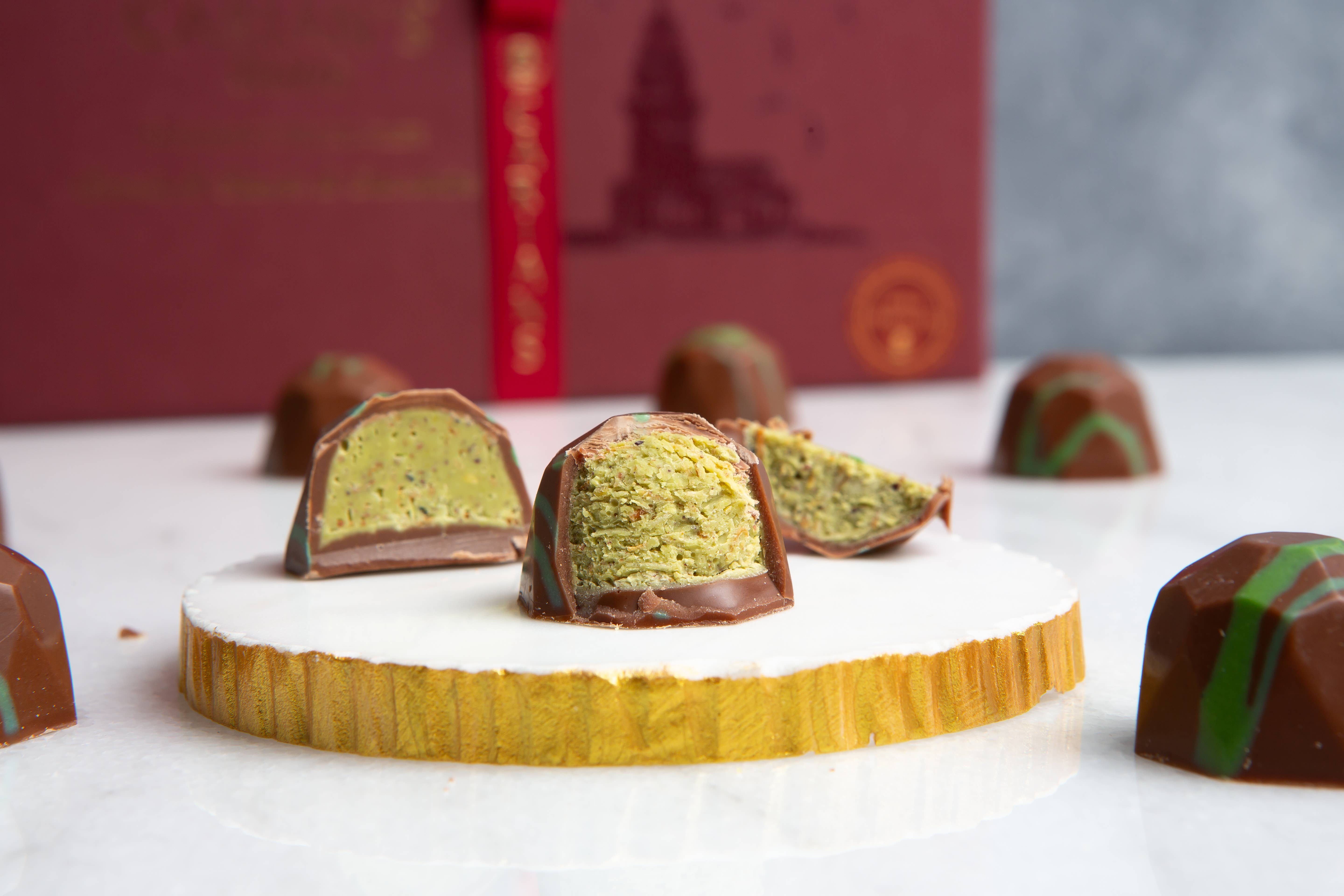 Carian's Bistro Chocolates - Wholesale Chocolate Box - Viral Dubai Chocolate Gift Box with Gold Ribbon Wrapped5