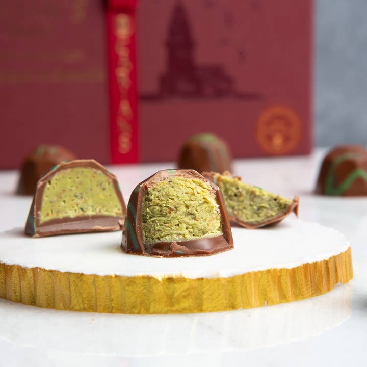 Carian's Bistro Chocolates - Wholesale Chocolate Box - Viral Dubai Chocolate Gift Box with Gold Ribbon Wrapped5