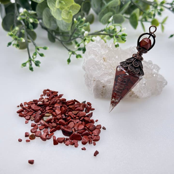 Meraki Gemstones - Wholesale Pendulum Board - Red Jasper Gemstone Chips w/ Copper in Resin Pendulum2