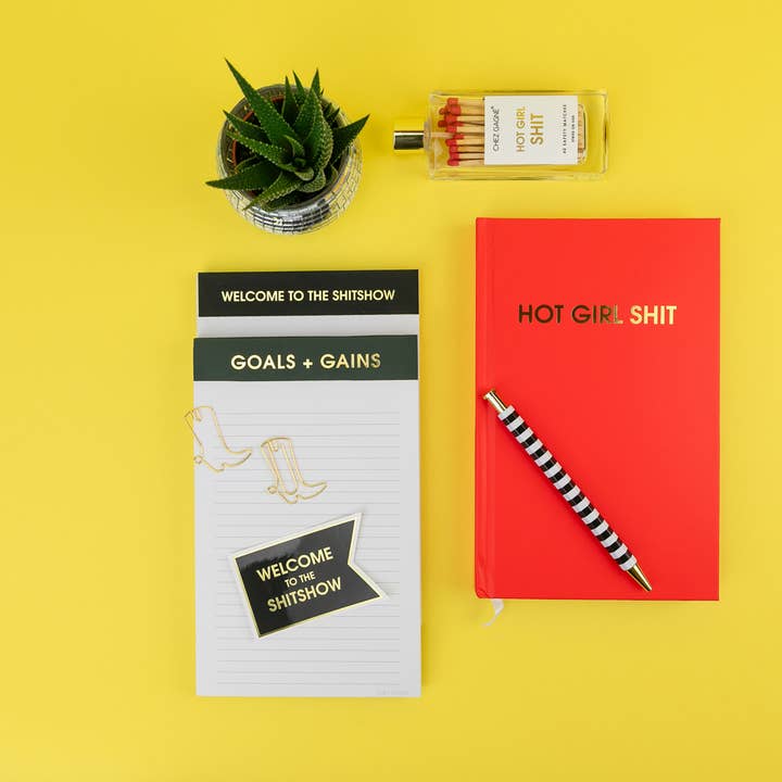 Chez Gagné - Wholesale Notepad - Goals + Gains - Lined Notepad - Perforated Sheets - Charcoal Black