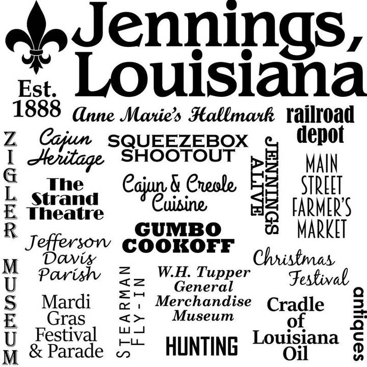 Jennings, Louisiana, Souvenir Kitchen Tea Towel for wholesale by Distinctive Design Wholesale