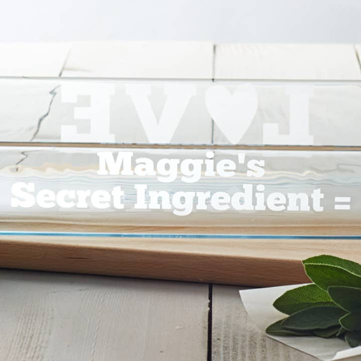 Personalised 'Secret Ingredient' Glass Dish for wholesale by Becky Broome