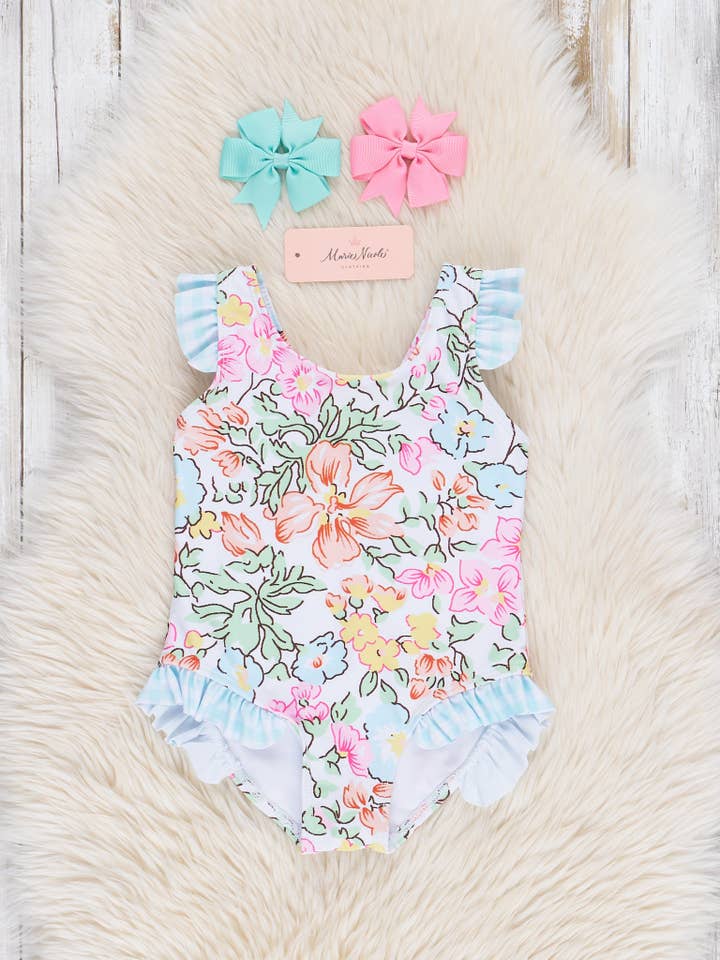 Marie Nicole Clothing - Wholesale One Piece Swimsuit - Kids - Ruffle Swimsuit - Wildflower Doodles