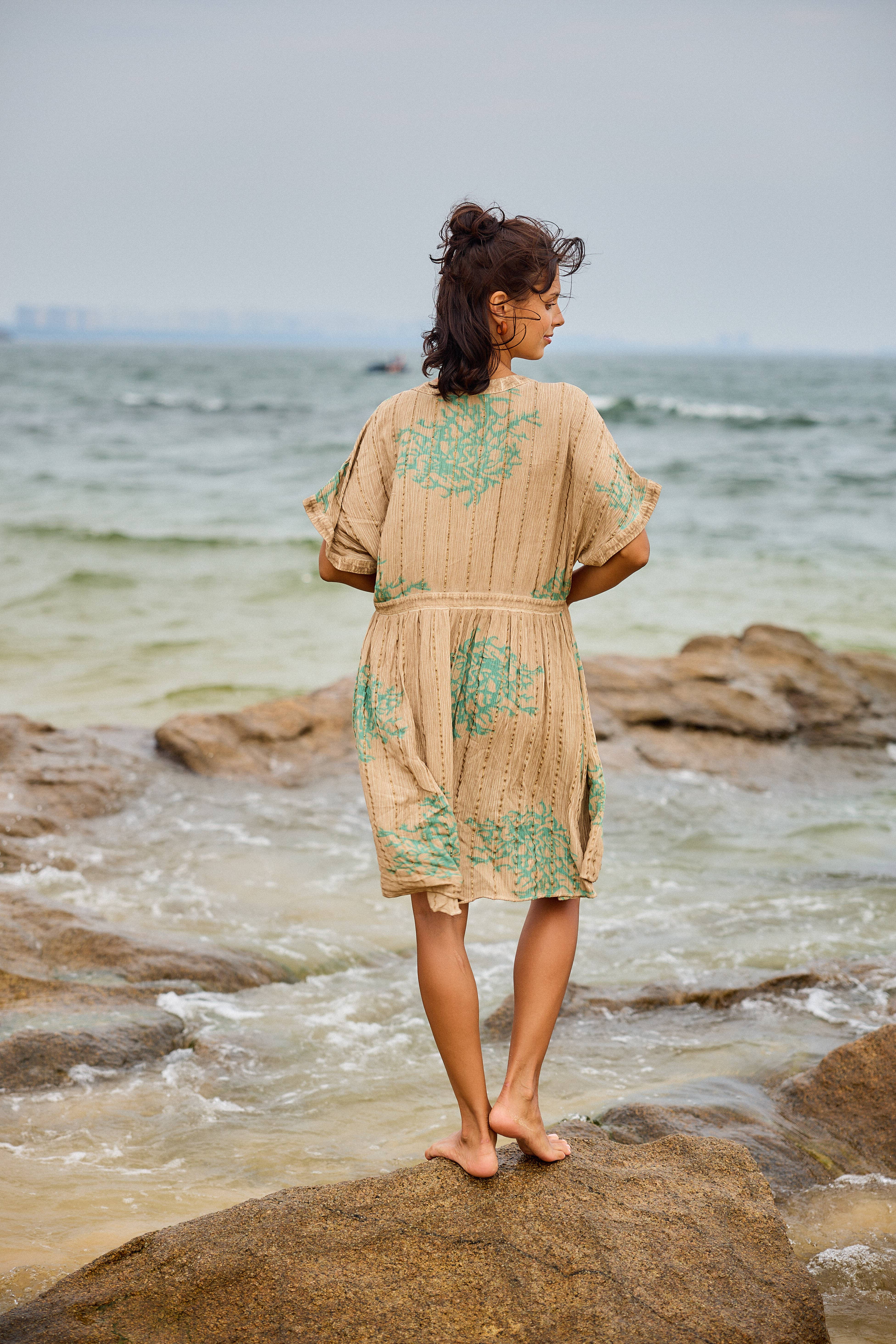 Beige Coral print mid-length dress, washed style with Lurex for wholesale on Faire2