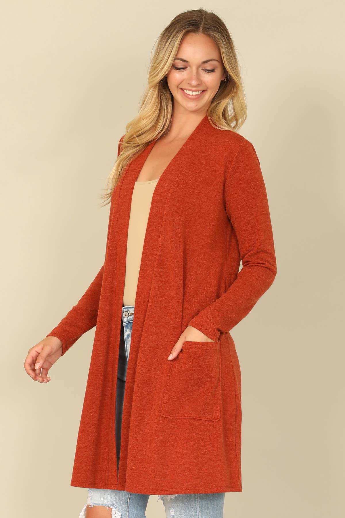 You & Me - Wholesale Cardigan - Women's - YMC30014V-SOLID LONG SLEEVE SIDE POCKET OPEN FRONT CARDIGAN18