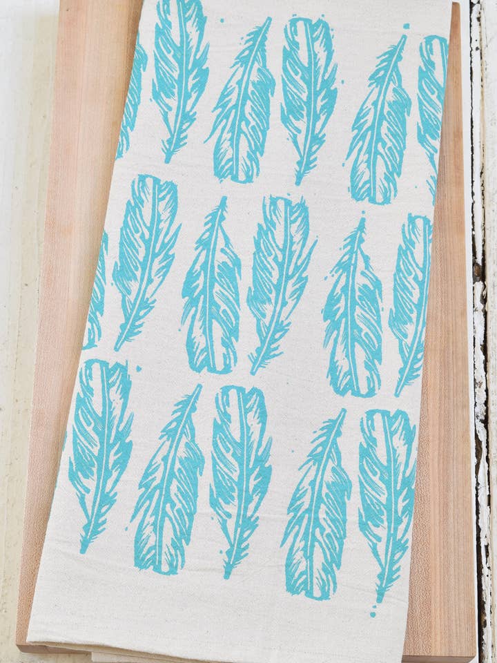 Block Feathers Tea Towel - Organic Cotton - Mint Green/Teal for wholesale by Hearth and Harrow