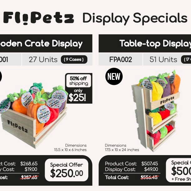 Display Assortment w/51 Items in wooden table top - Flipetz for wholesale by Speedy Monkey