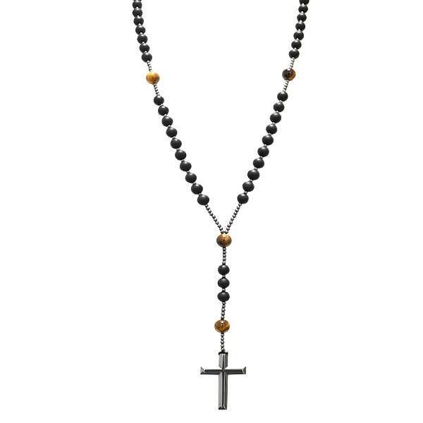 AMORINO SRL – Colar em Y/lariat por atacado – Colar Terço de Pedra com Cruz de Hematita - KM24184A9409