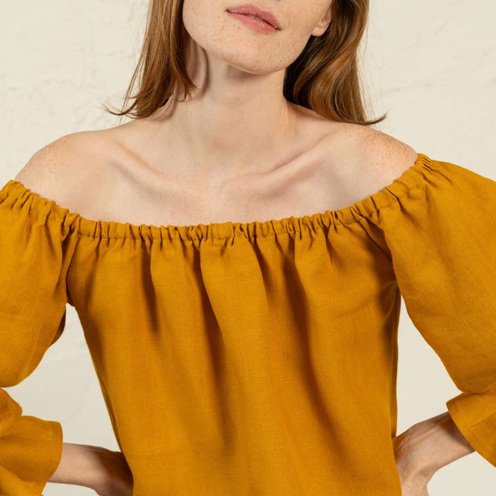 menique - Wholesale Blouse - Women's - Linen Off Shoulder Top with Ruffles Jessica - Linen Blouse