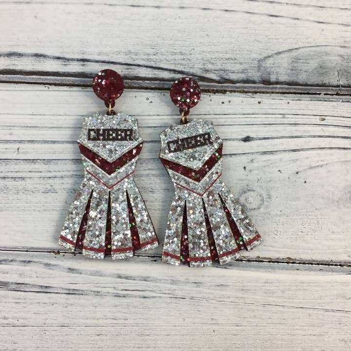 Burgundy and silver glitter cheerleader outfit earrings for wholesale by SongLily