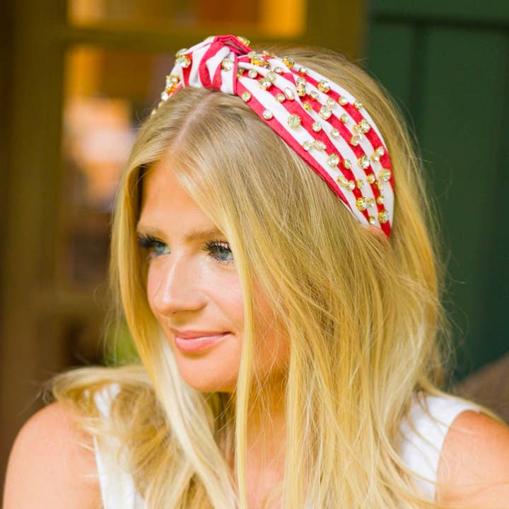 The Heady Chic - Wholesale Fashion Headband - Women's - Adult Red and White Stripe Knotted Headband with Embellishments