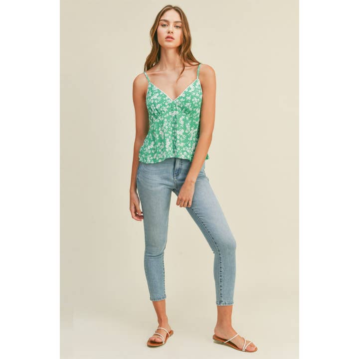 UP CLOTHING - Wholesale Tank Top - Women's - FLORAL PRINT DEEP V NECK CAMI TOP WITH CROCHET EDGE LACE