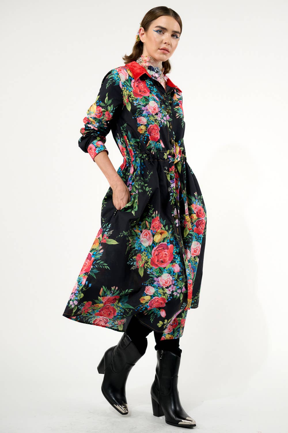 Black Floral Zinnia Shirt-Dress for wholesale on Faire2