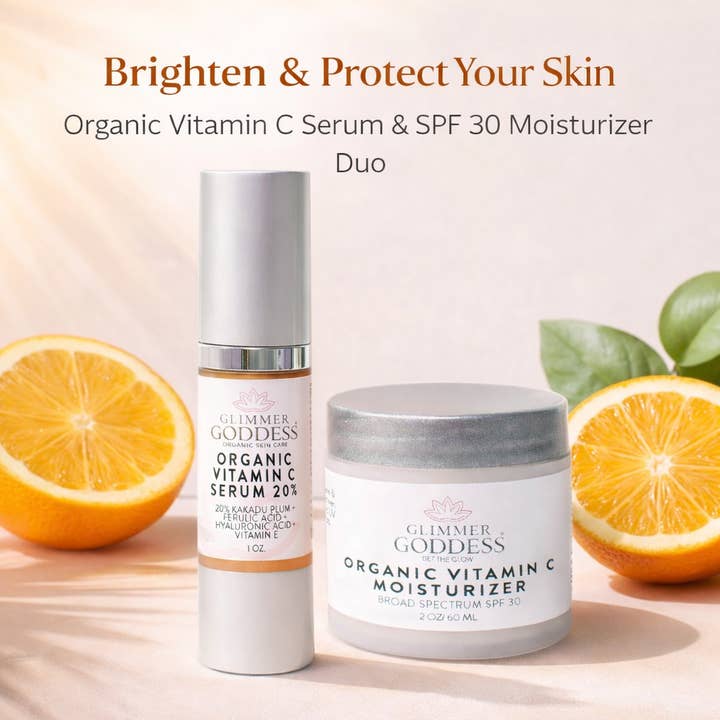 Økologisk C-vitamin Serum & SPF 30 Fugtighedscreme Duo for engroshandel hos Glimmer Goddess®