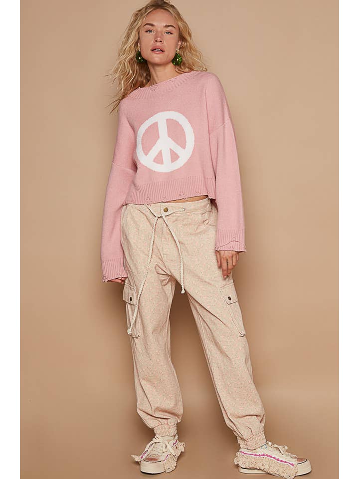 Pol Clothing - Wholesale Knit Sweater - Women's - Round neck long sleeve peace sign solid sweater SALE