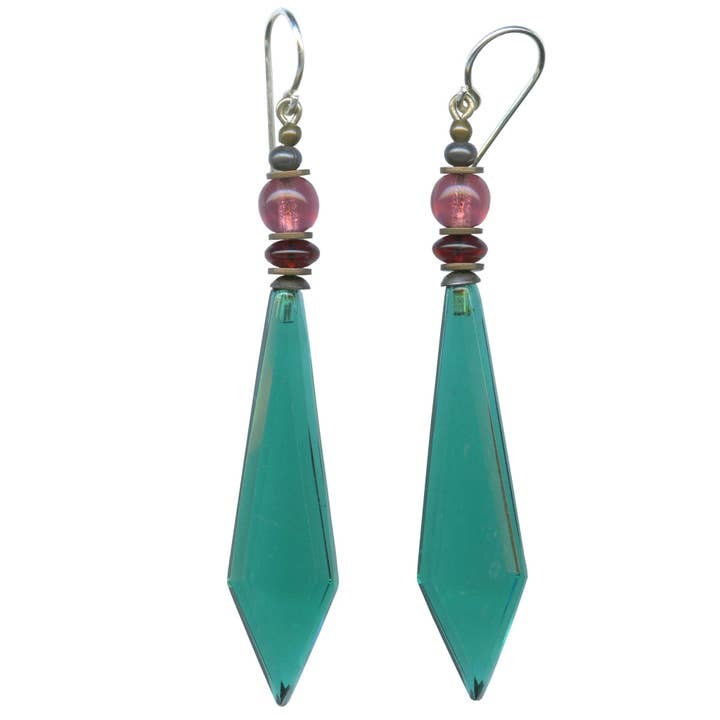 7 - TEAL GREEN GLASS DROP EARRINGS, ROSE CZECH GLASS ACCENTS for wholesale by Owen Glass Collection