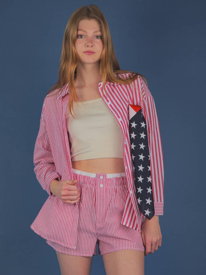 VERY J - Wholesale Lounge Set - Women's - NT12020SET-Striped Oversized Comfy Shirt Top & Shorts Set24