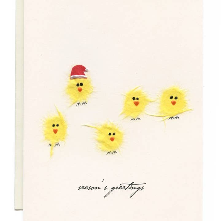 FLAUNT HANDMADE CORRESPONDENCES - Wholesale Season's Greetings Card - "Season's Greetings" 5 Chicks & a Santa Hat
