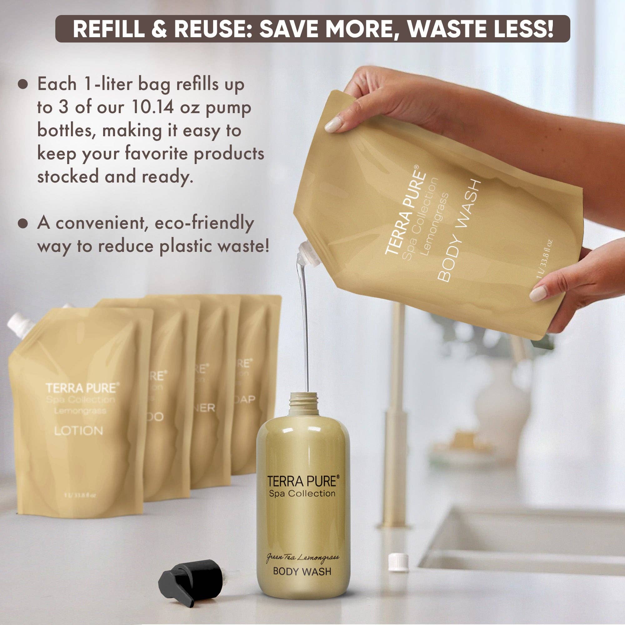 Diversified Hospitality Solutions - Wholesale Body Wash/Shower Gel - Terra Pure Spa Collection 1 Liter Body Wash Refill Bag For Soap Dispensers | Bulk Toiletries for Vacation Rentals, and Home Bathroom Showers | Green Tea Lemongrass | Single2