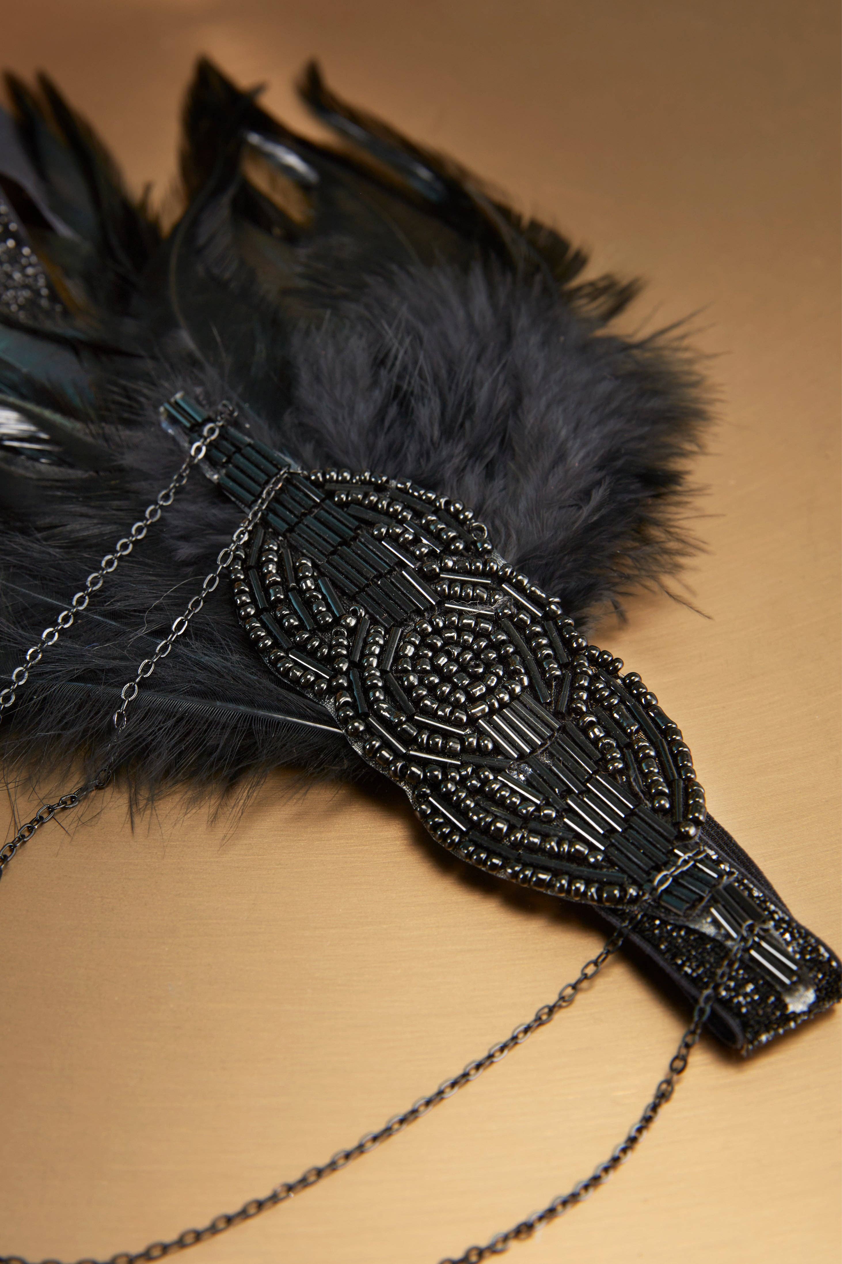 Black Beaded Chain Ostrich Feather Headband for wholesale on Faire1