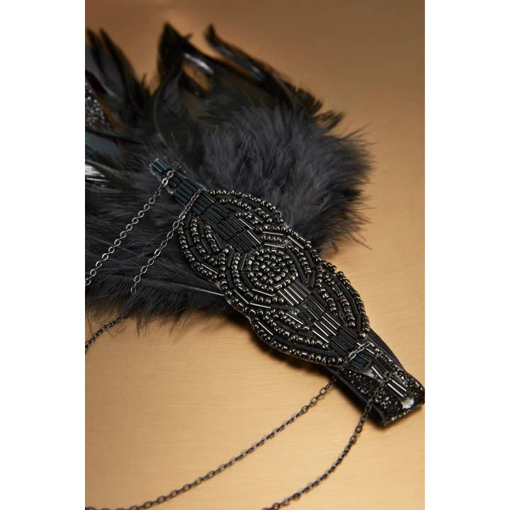 Black Beaded Chain Ostrich Feather Headband for wholesale on Faire1