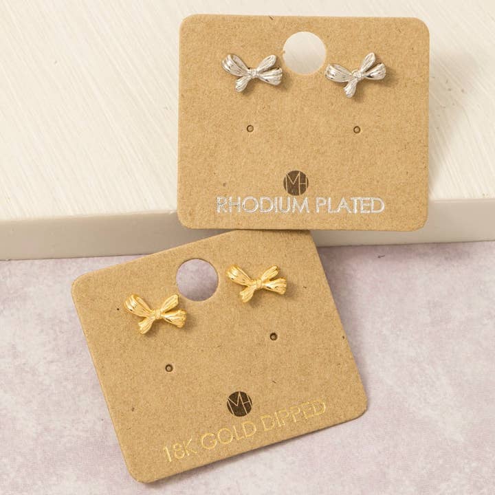 Gold Dipped Mini Ribbon Bow Stud Earrings for wholesale by Fame Accessories