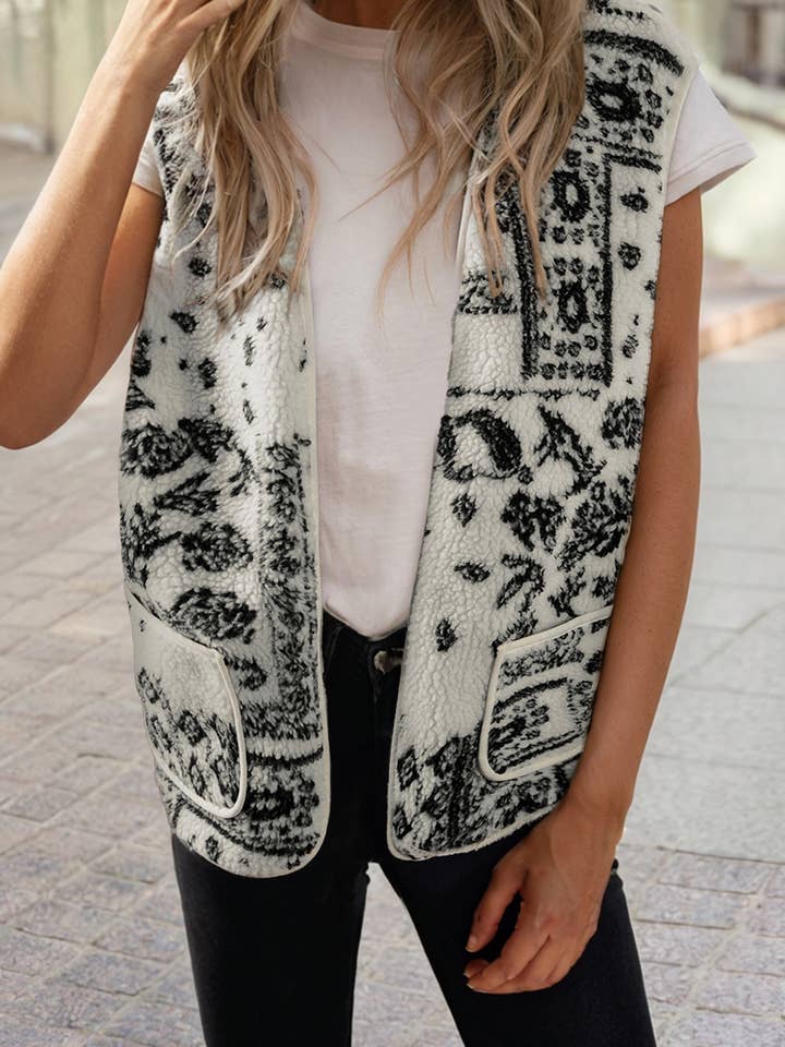Sherpa Paisley Print Pocketed Western Fashion Vest Jacket for wholesale by 1 the Woman