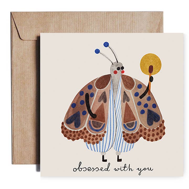 OBSESSED WITH YOU moth greeting card for wholesale by Daria Solak Illustrations