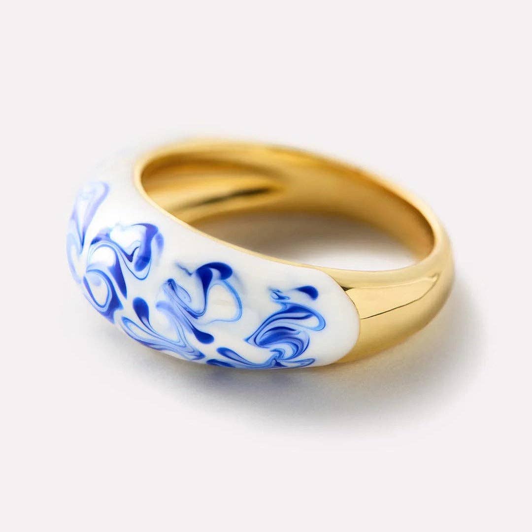 alberalkirk – wholesale Band/stacked ring – Bluewhite Ceramic Wave Ring Porcelain Motif S5P2403