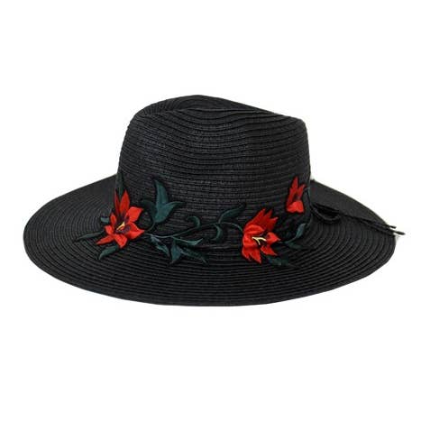 Cap Zone - Wholesale Straw Hat - Women's - Red Orchid Blossom Stem Floral Panama Hat1
