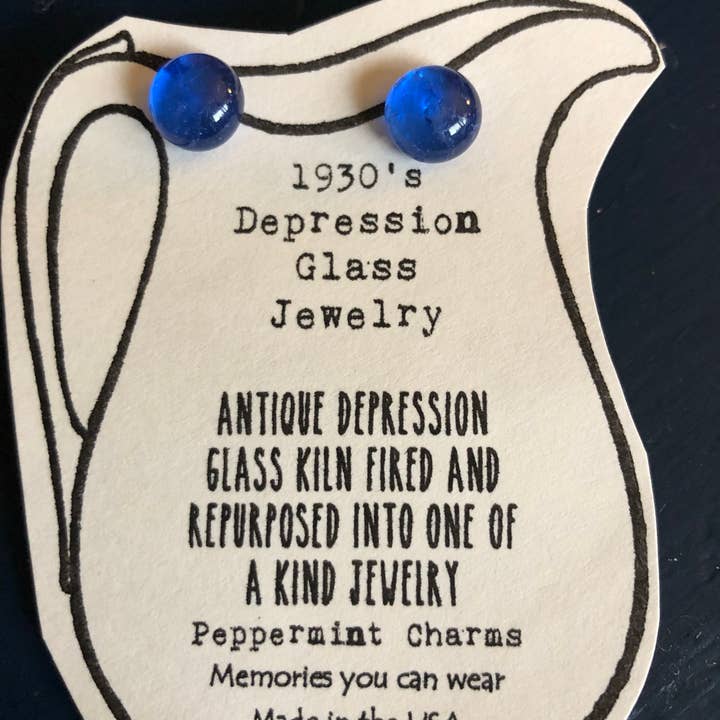 Depression glass Cobalt blue sterling silver stud earrings for wholesale by Peppermint Charms